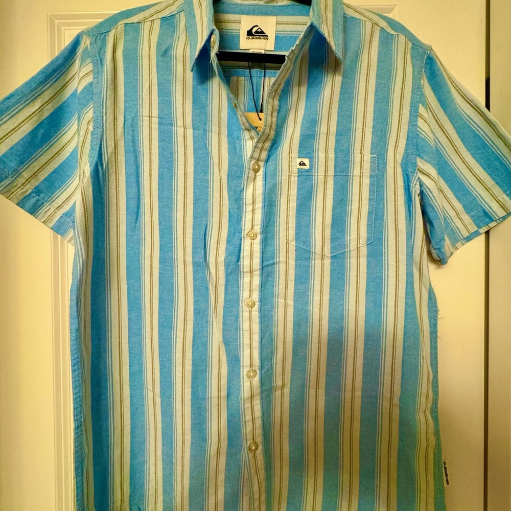 Quiksilver Blue and White Striped Button Down Shirt